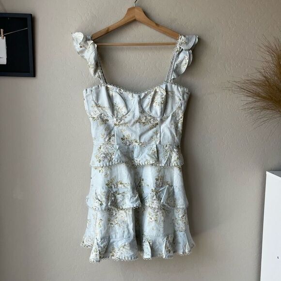 NEW V. Chapman Avignon‎ Ruffled Corset Mini Dress in Victorian Blue Roses Size 8 - Picture 2 of 12